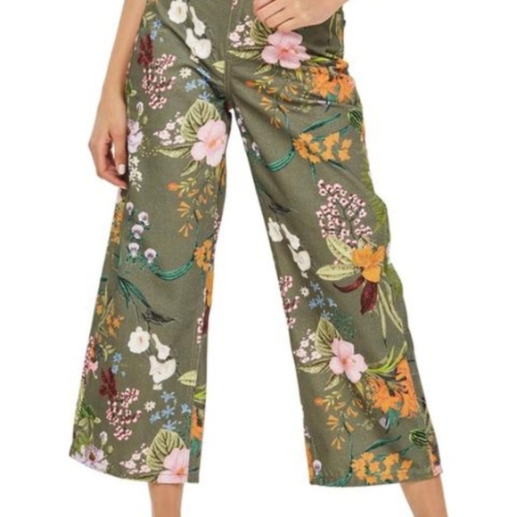 Topshop Tropical Floral High Rise Wide Leg Crop Jeans - Picture 3 of 5
